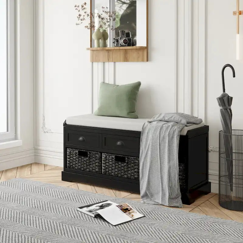 Wood Storage Bench with 3 Drawers and 3 Baskets