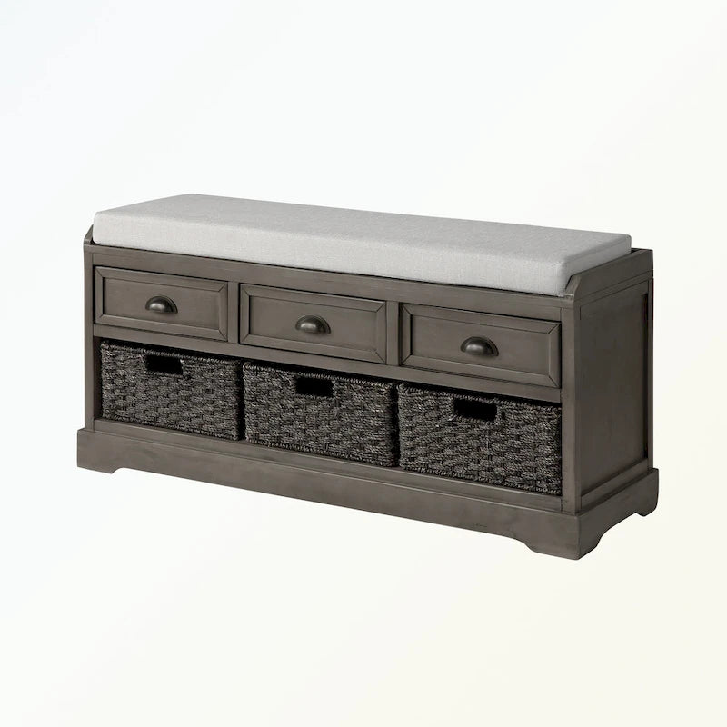 Wood Storage Bench with 3 Drawers and 3 Baskets