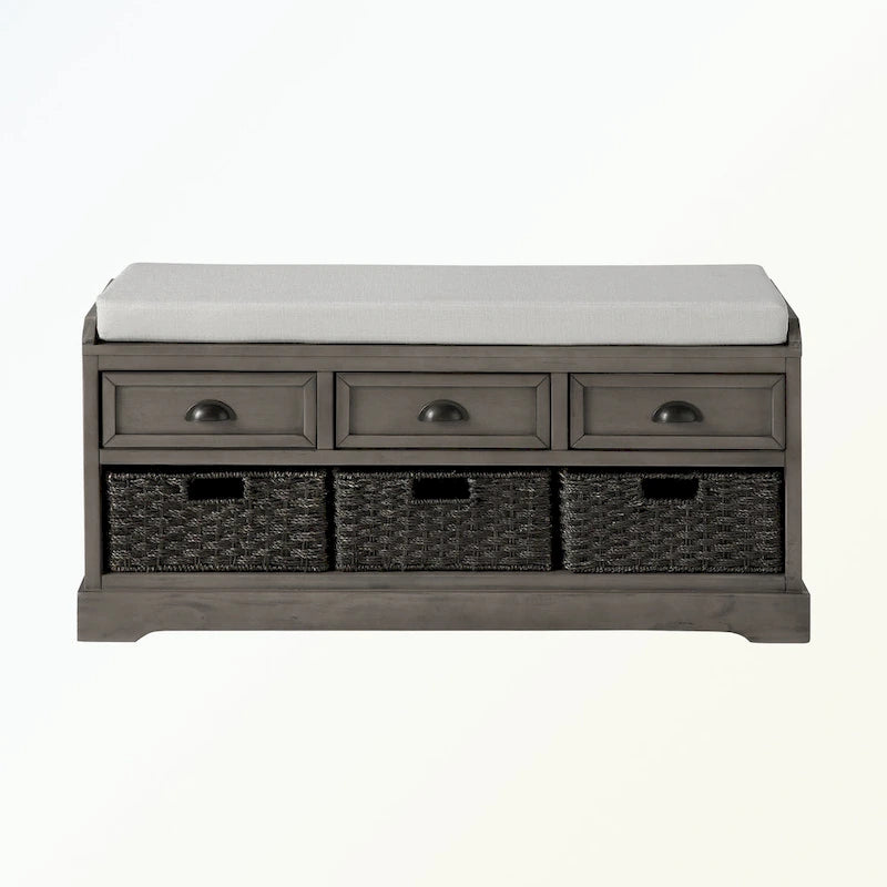 Wood Storage Bench with 3 Drawers and 3 Baskets