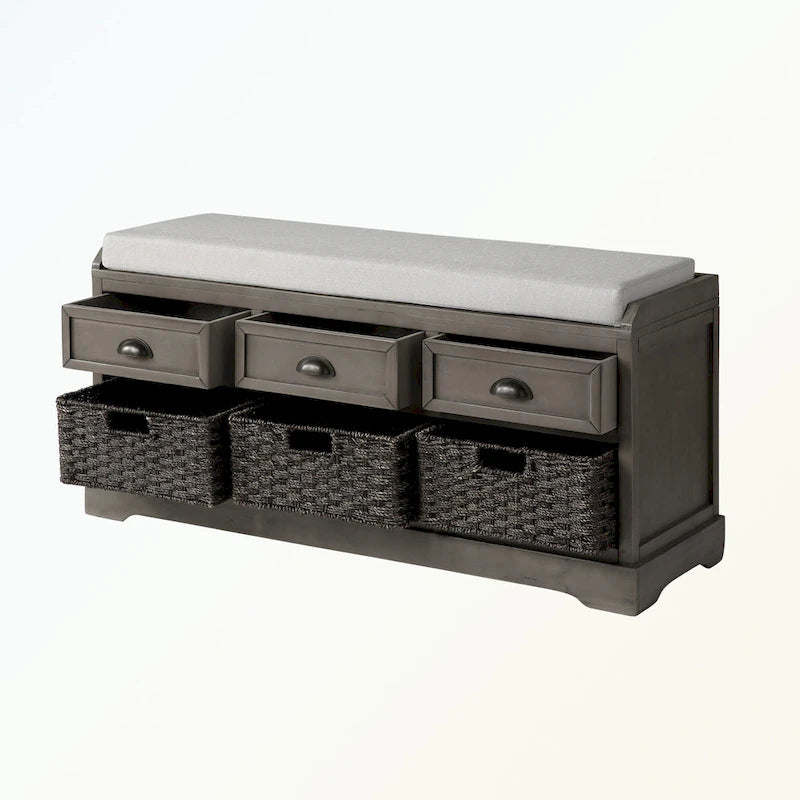 Wood Storage Bench with 3 Drawers and 3 Baskets