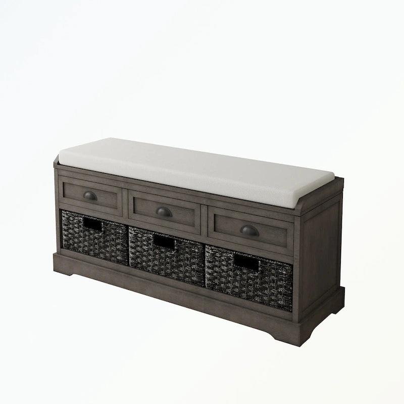 Wood Storage Bench with 3 Drawers and 3 Baskets