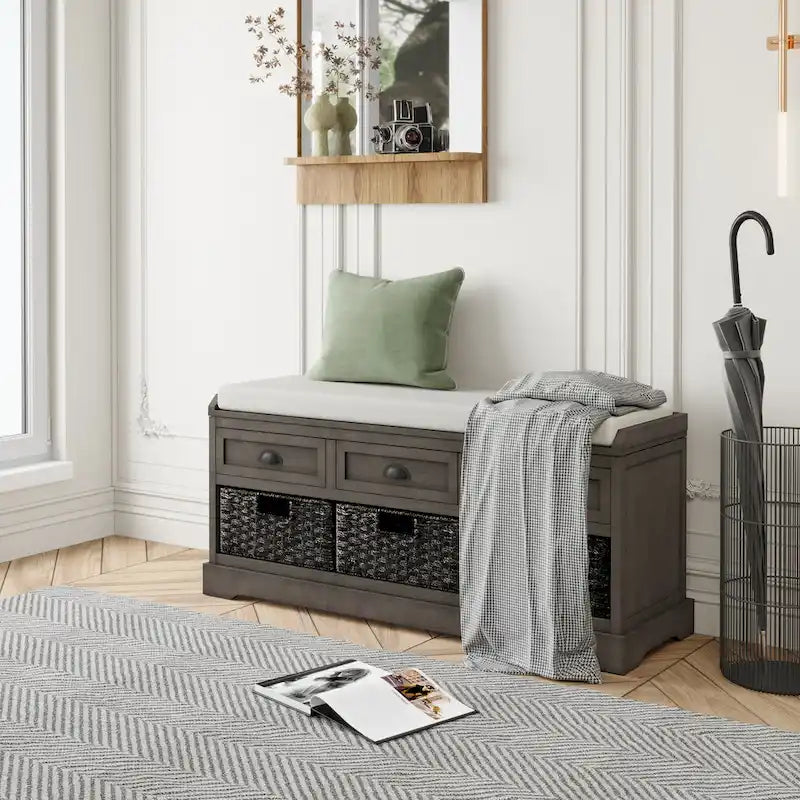Wood Storage Bench with 3 Drawers and 3 Baskets
