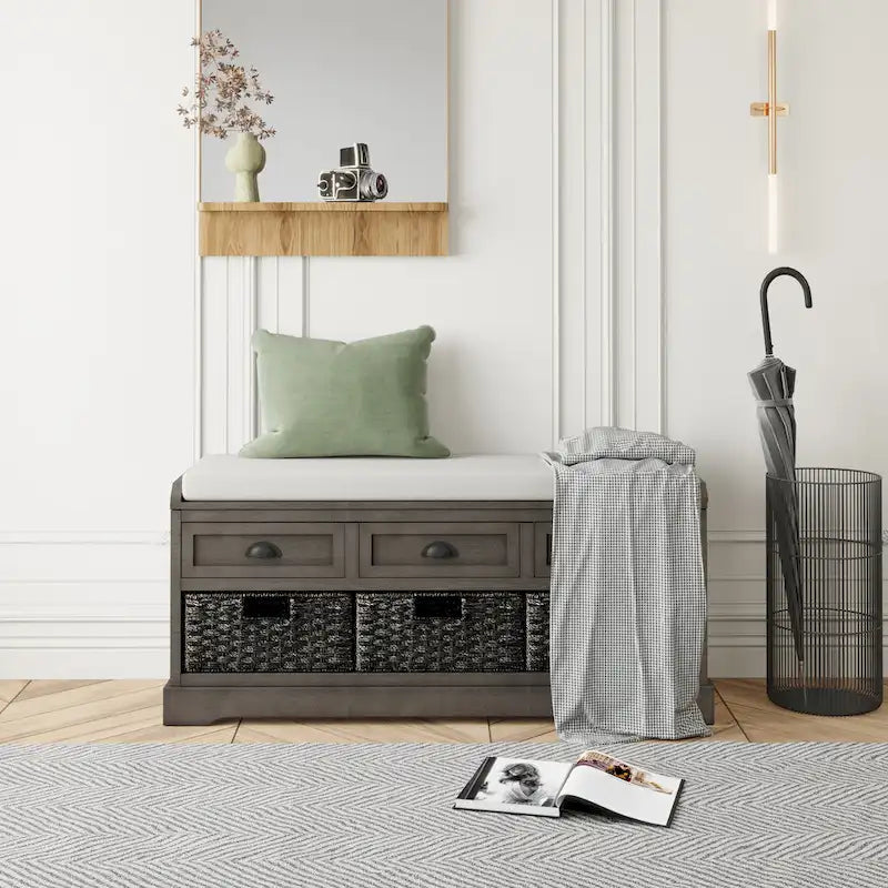 Wood Storage Bench with 3 Drawers and 3 Baskets
