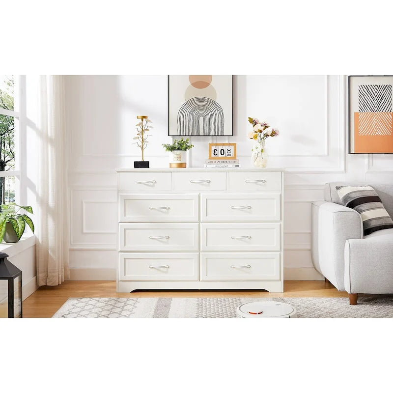 Bedroom dresser, 9 drawer long dresser with antique handles, wood chest of drawers for kids room, living room, entry and hallway