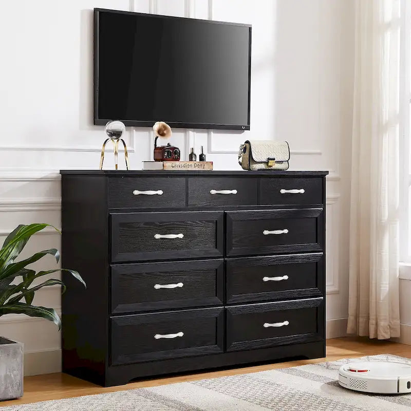 Bedroom dresser, 9 drawer long dresser with antique handles, wood chest of drawers for kids room, living room, entry and hallway