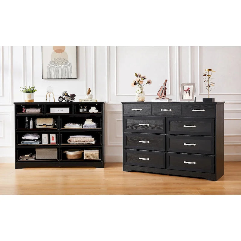 Bedroom dresser, 9 drawer long dresser with antique handles, wood chest of drawers for kids room, living room, entry and hallway
