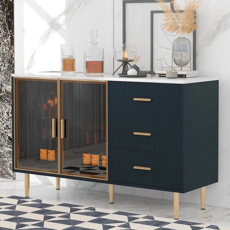 Modern Sideboard Buffet Cabinet with Glass Doors, 3 Drawers and Gold Metal Legs