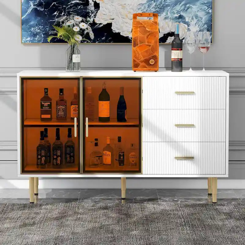 Modern Sideboard Buffet Cabinet with Glass Doors, 3 Drawers and Gold Metal Legs
