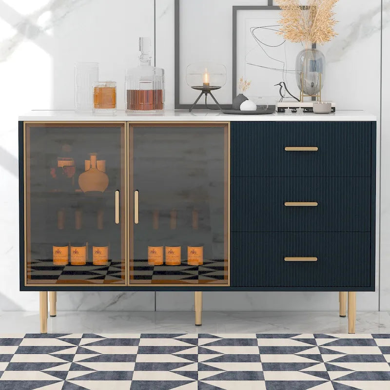 Modern Sideboard Buffet Cabinet with Glass Doors, 3 Drawers and Gold Metal Legs