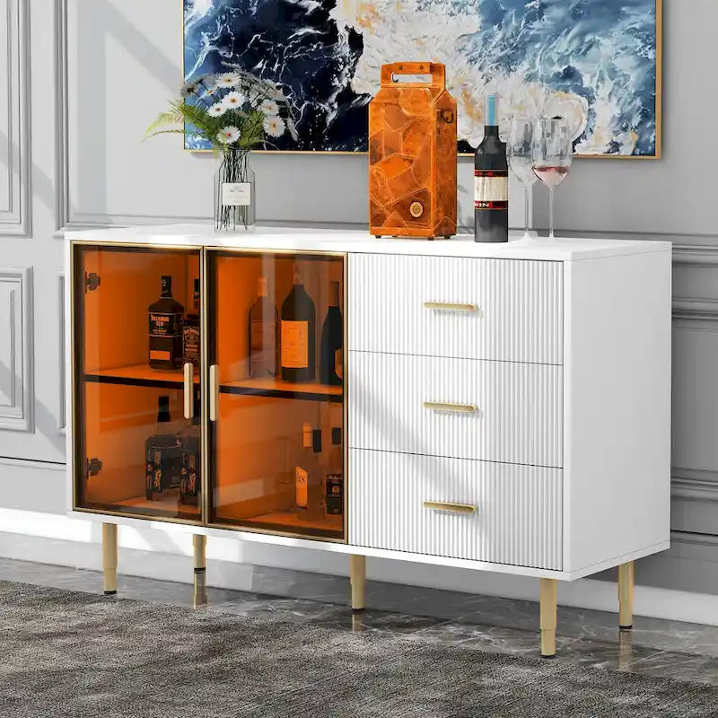 Modern Sideboard Buffet Cabinet with Glass Doors, 3 Drawers and Gold Metal Legs