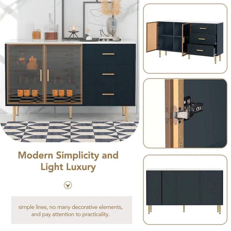 Modern Sideboard Buffet Cabinet with Glass Doors, 3 Drawers and Gold Metal Legs