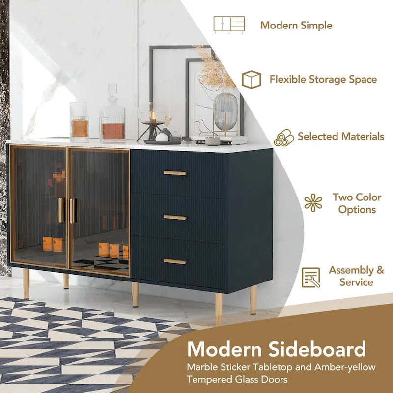 Modern Sideboard Buffet Cabinet with Glass Doors, 3 Drawers and Gold Metal Legs