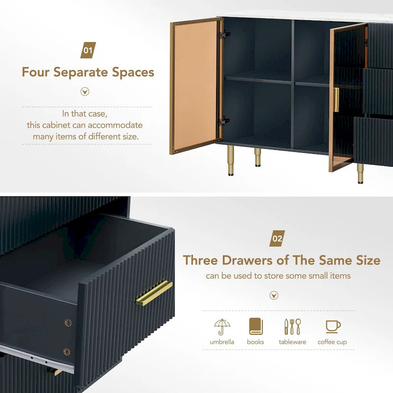 Modern Sideboard Buffet Cabinet with Glass Doors, 3 Drawers and Gold Metal Legs