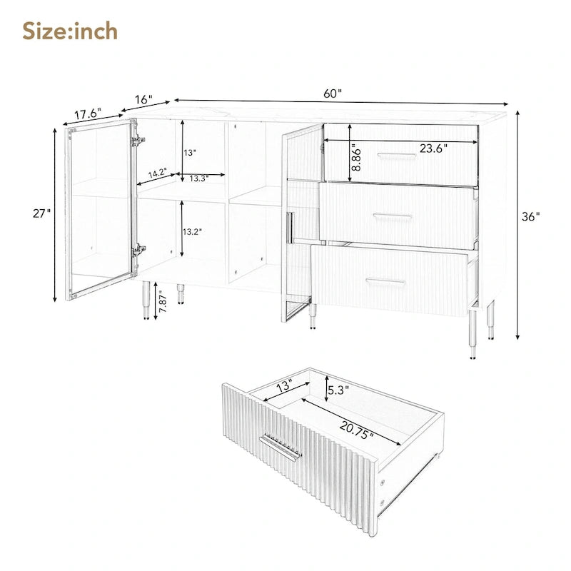 Modern Sideboard Buffet Cabinet with Glass Doors, 3 Drawers and Gold Metal Legs