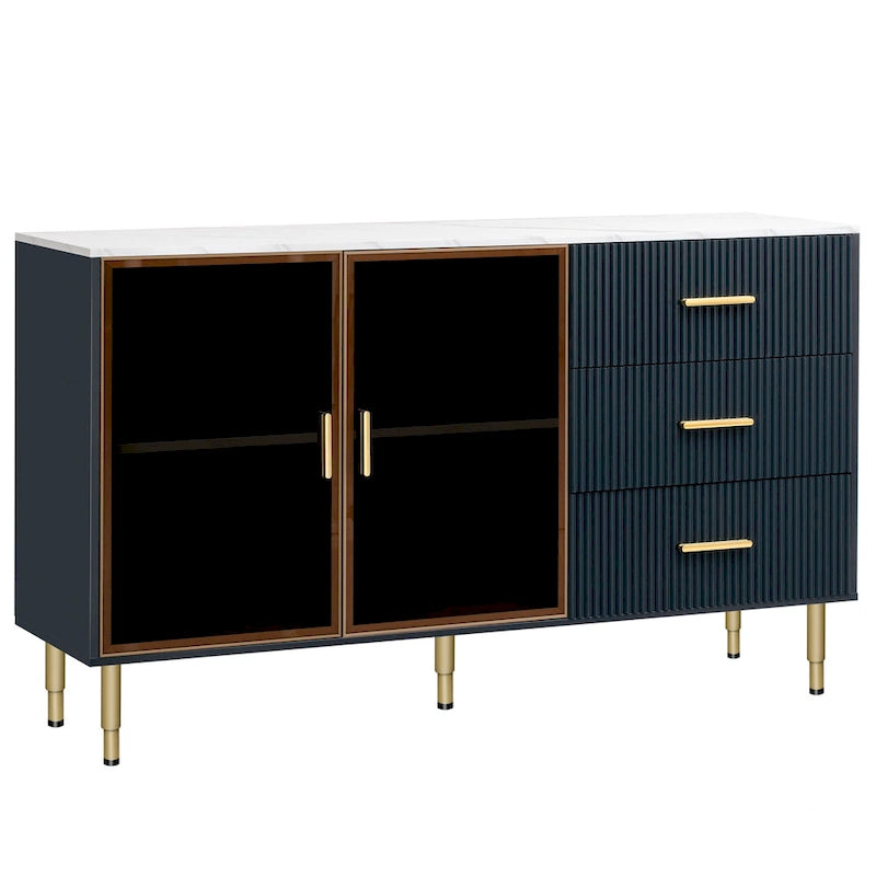 Modern Sideboard Buffet Cabinet with Glass Doors, 3 Drawers and Gold Metal Legs