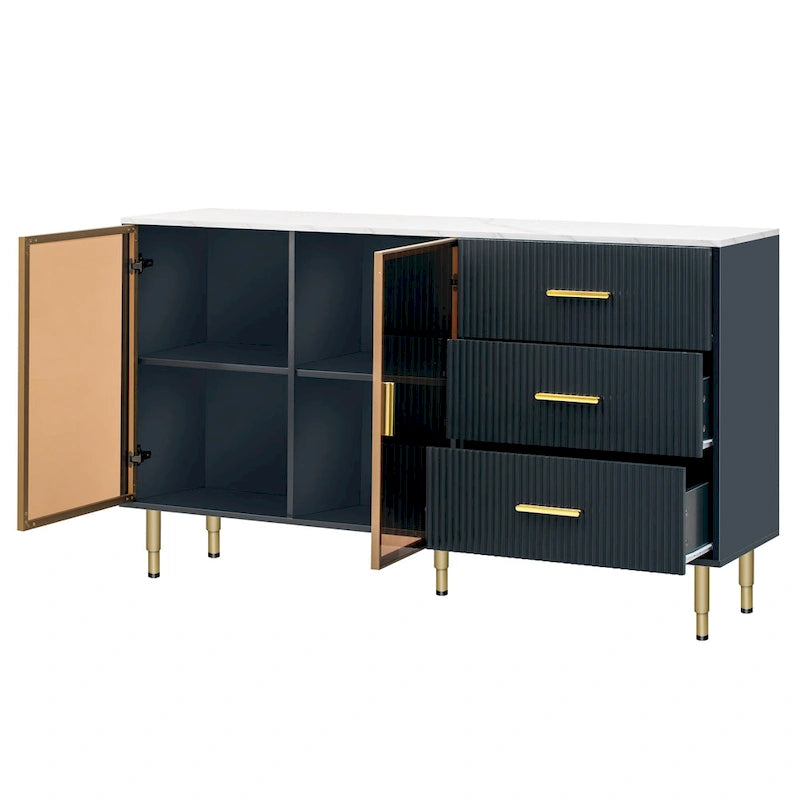 Modern Sideboard Buffet Cabinet with Glass Doors, 3 Drawers and Gold Metal Legs