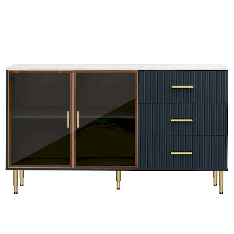 Modern Sideboard Buffet Cabinet with Glass Doors, 3 Drawers and Gold Metal Legs