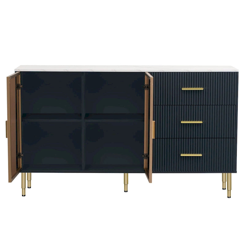 Modern Sideboard Buffet Cabinet with Glass Doors, 3 Drawers and Gold Metal Legs