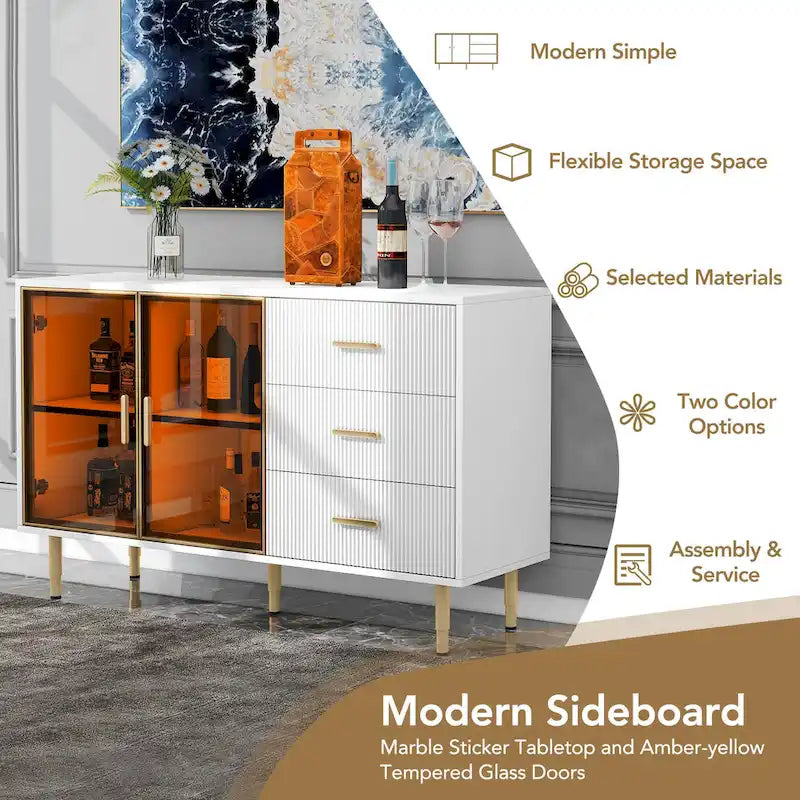 Modern Sideboard Buffet Cabinet with Glass Doors, 3 Drawers and Gold Metal Legs
