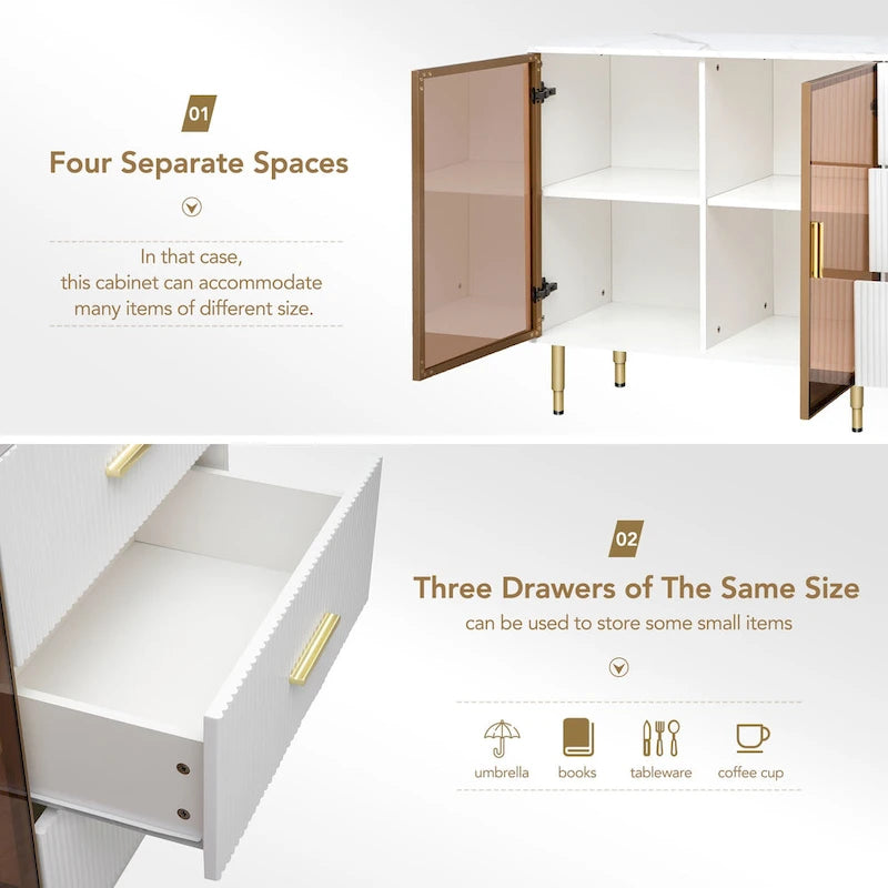 Modern Sideboard Buffet Cabinet with Glass Doors, 3 Drawers and Gold Metal Legs