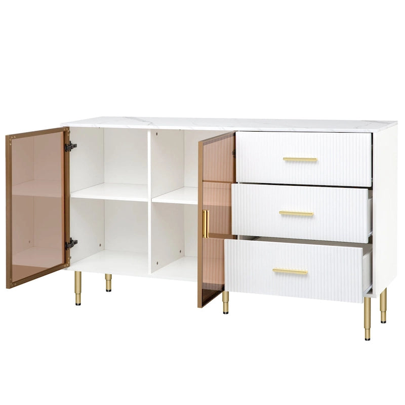 Modern Sideboard Buffet Cabinet with Glass Doors, 3 Drawers and Gold Metal Legs