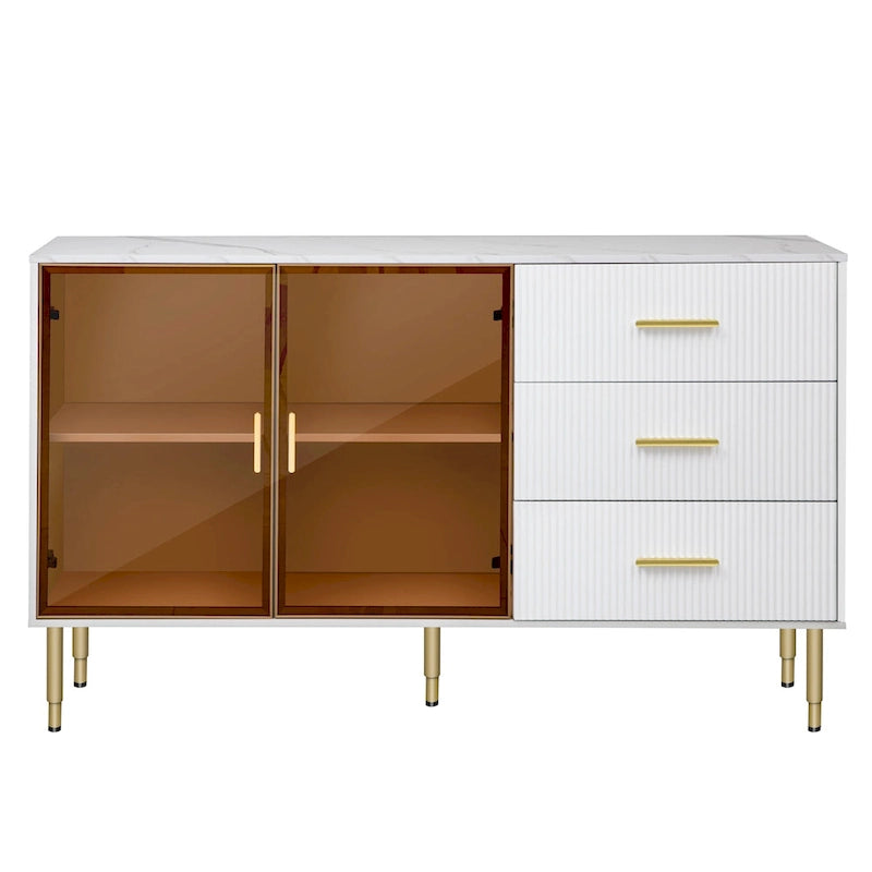 Modern Sideboard Buffet Cabinet with Glass Doors, 3 Drawers and Gold Metal Legs