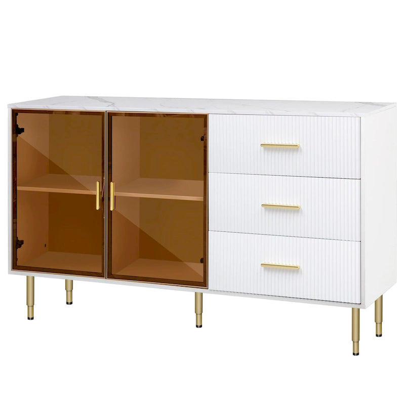 Modern Sideboard Buffet Cabinet with Glass Doors, 3 Drawers and Gold Metal Legs