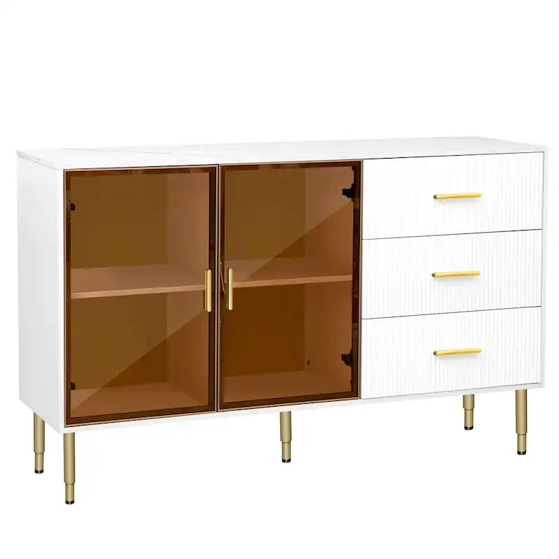 Modern Sideboard Buffet Cabinet with Glass Doors, 3 Drawers and Gold Metal Legs