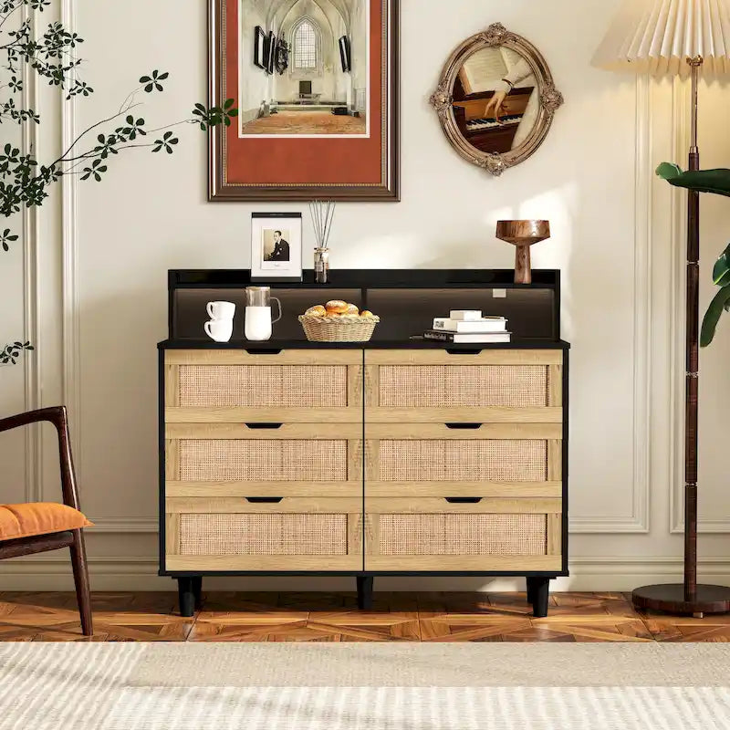 6-Drawer Rattan Storage Cabinet with LED Lights and Power Outlet for Bedroom, Living Room