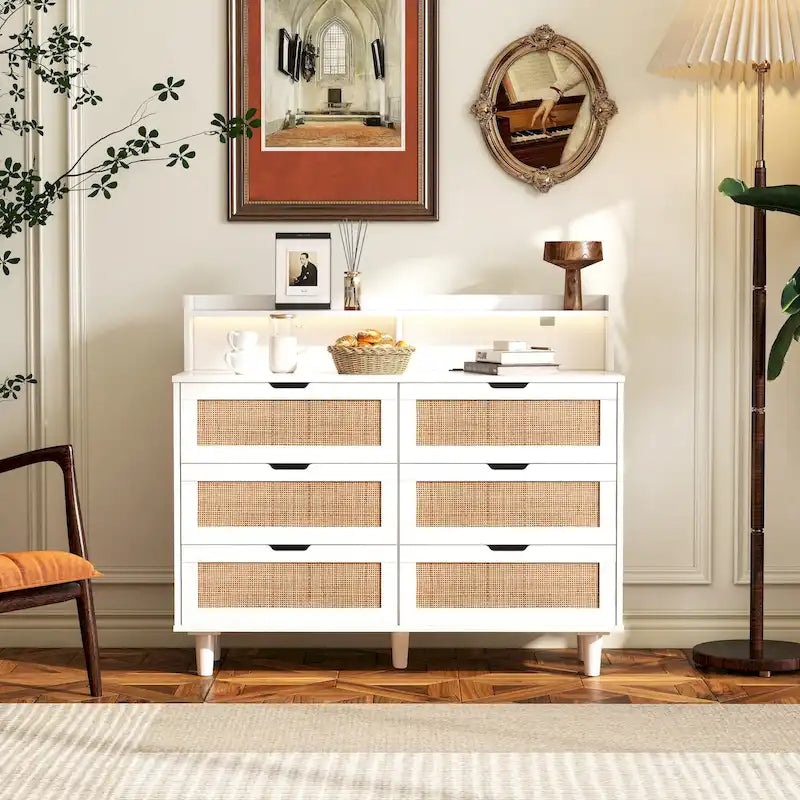 6-Drawer Rattan Storage Cabinet with LED Lights and Power Outlet for Bedroom, Living Room