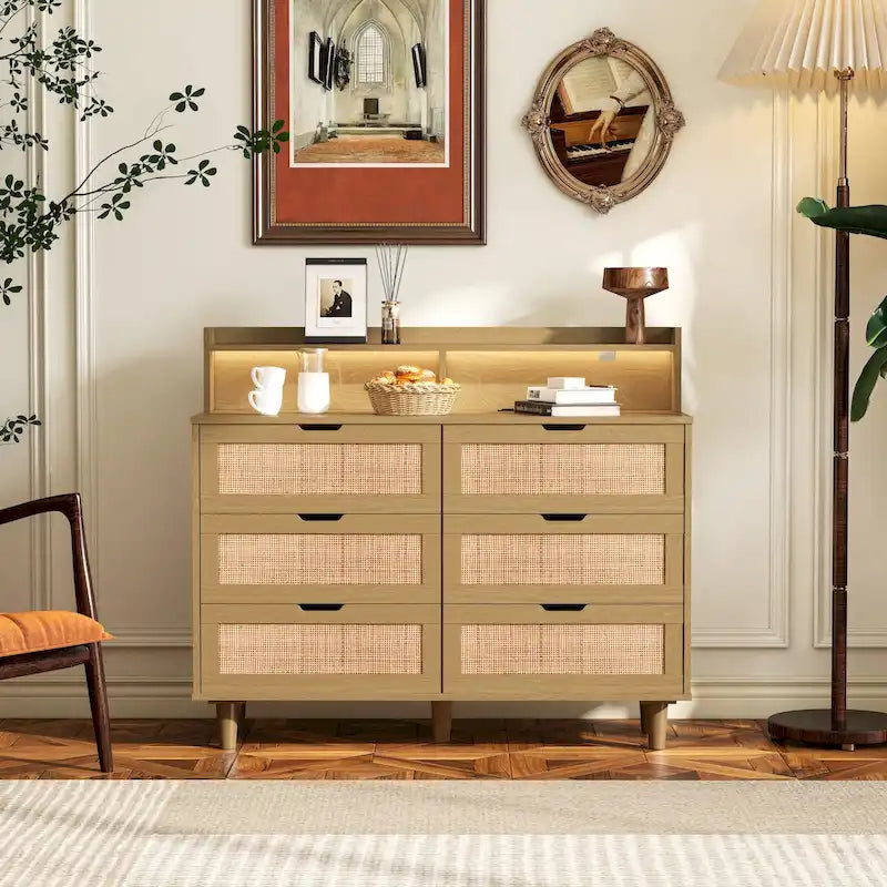 6-Drawer Rattan Storage Cabinet with LED Lights and Power Outlet for Bedroom, Living Room