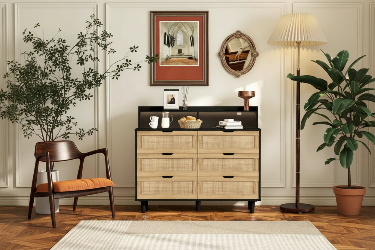 43.316-Drawers Rattan Storage Cabinet Rattan Drawer with LED Lights and Power Outlet,for Bedroom,Living Room