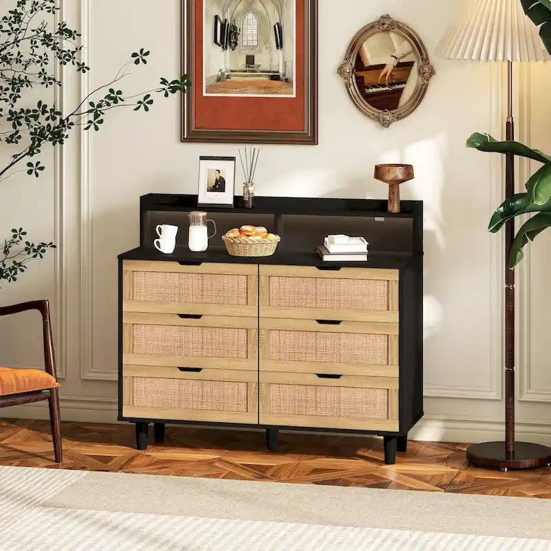 6-Drawer Rattan Storage Cabinet with LED Lights and Power Outlet for Bedroom, Living Room