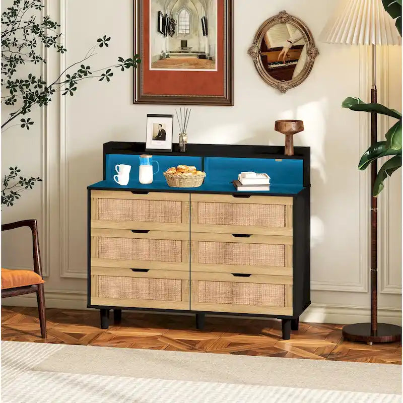 6-Drawer Rattan Storage Cabinet with LED Lights and Power Outlet for Bedroom, Living Room