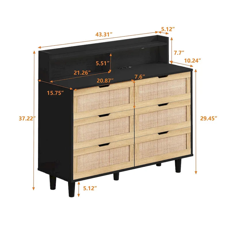 6-Drawer Rattan Storage Cabinet with LED Lights and Power Outlet for Bedroom, Living Room