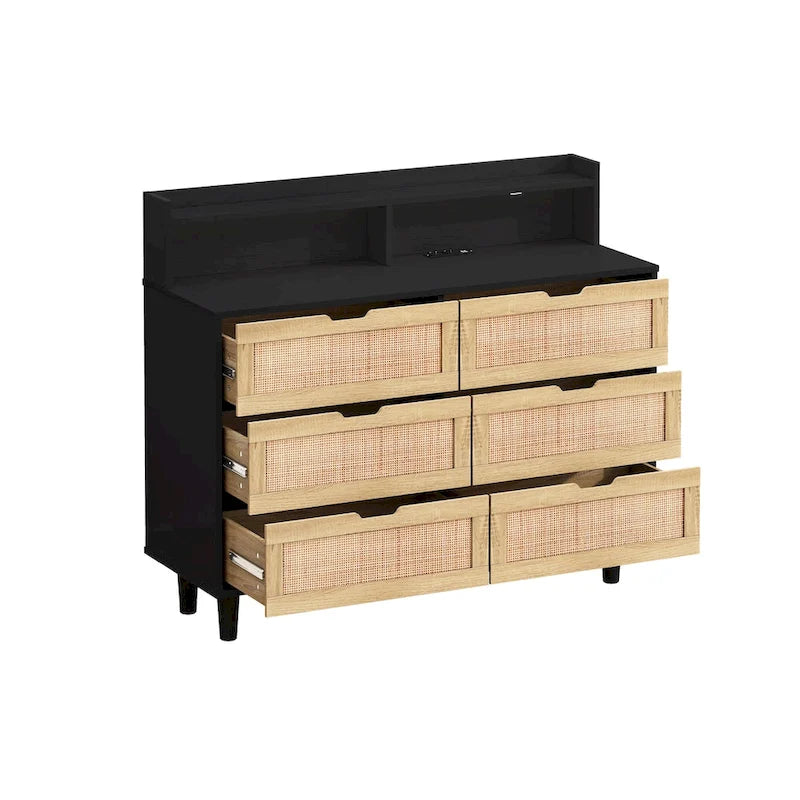 6-Drawer Rattan Storage Cabinet with LED Lights and Power Outlet for Bedroom, Living Room