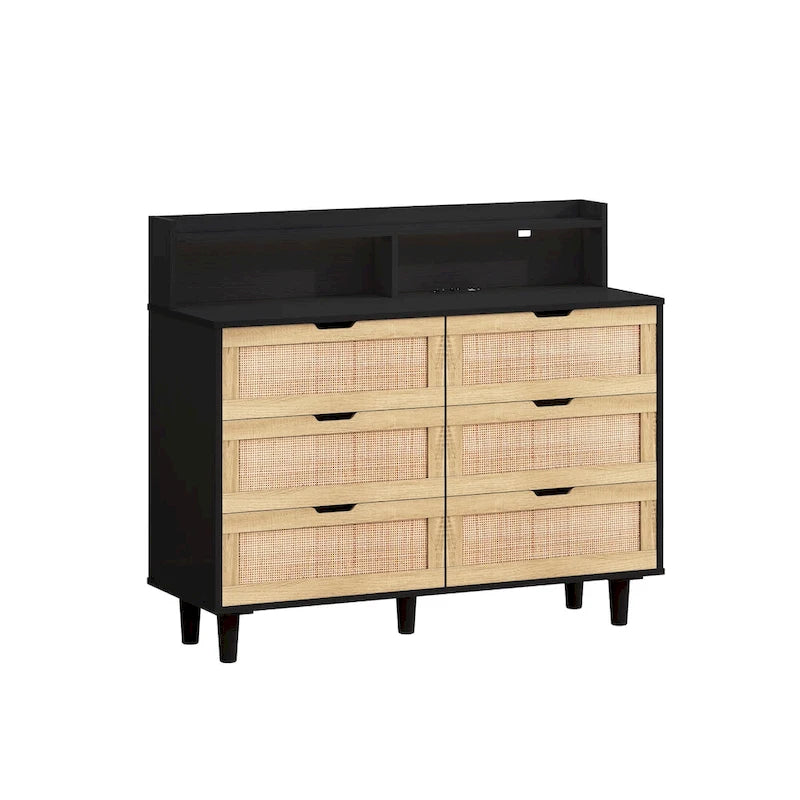 6-Drawer Rattan Storage Cabinet with LED Lights and Power Outlet for Bedroom, Living Room
