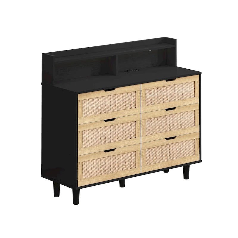 6-Drawer Rattan Storage Cabinet with LED Lights and Power Outlet for Bedroom, Living Room