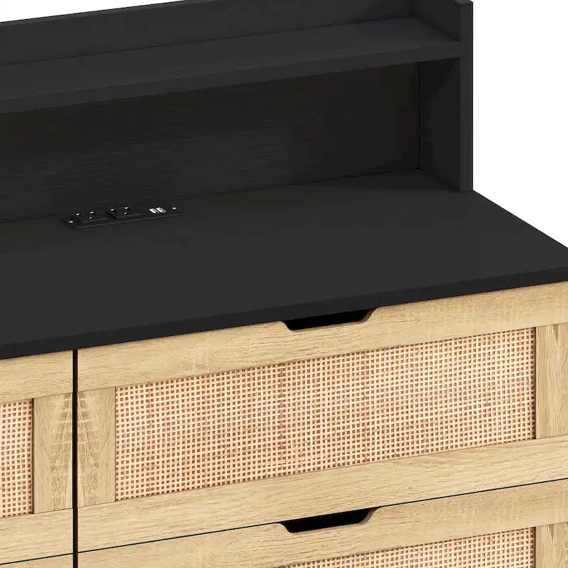 6-Drawer Rattan Storage Cabinet with LED Lights and Power Outlet for Bedroom, Living Room