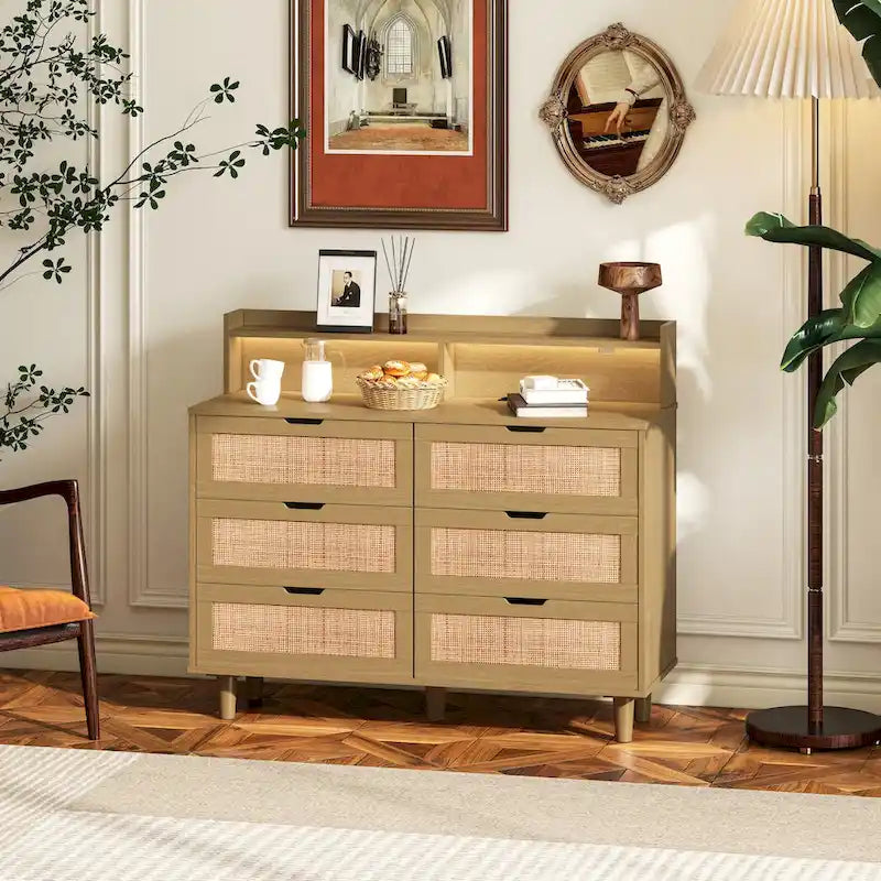 6-Drawer Rattan Storage Cabinet with LED Lights and Power Outlet for Bedroom, Living Room