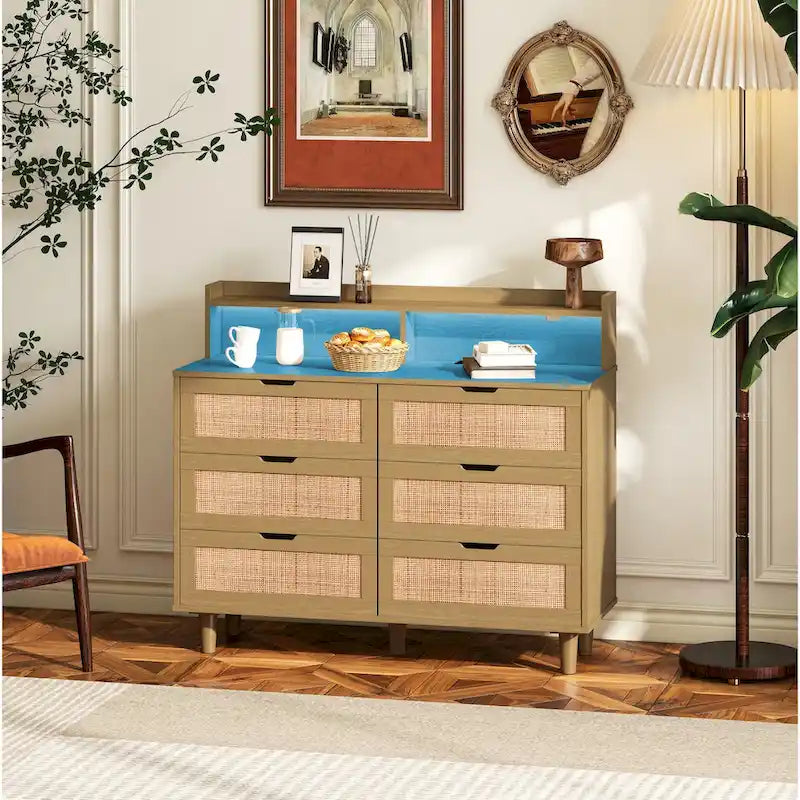 6-Drawer Rattan Storage Cabinet with LED Lights and Power Outlet for Bedroom, Living Room