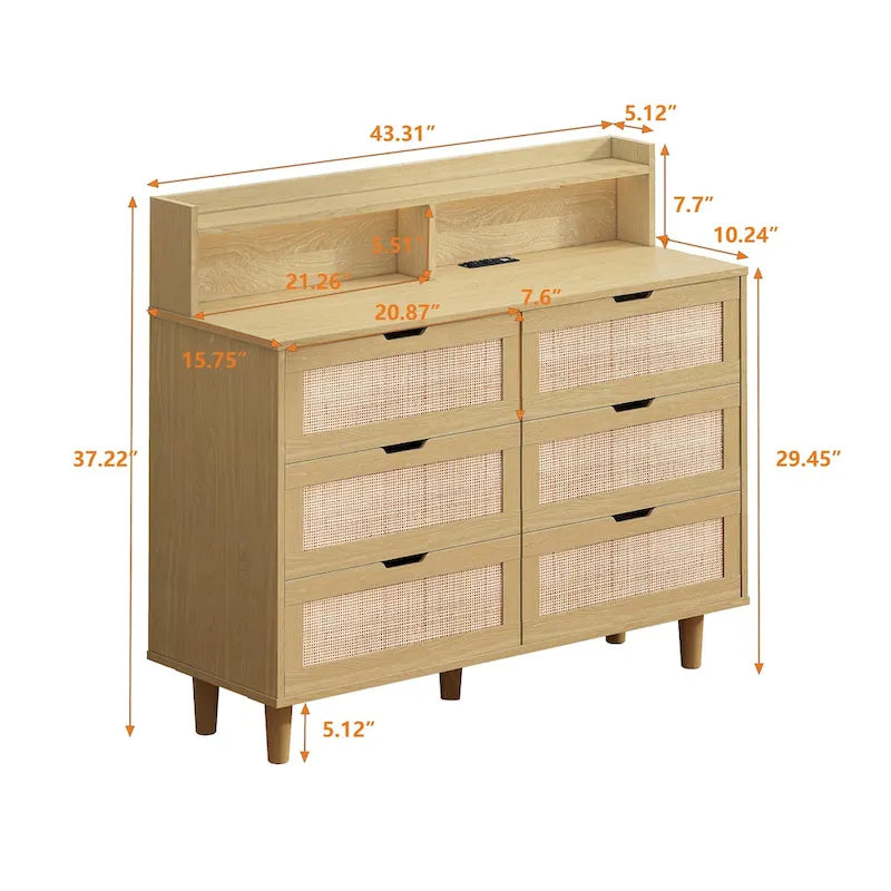 6-Drawer Rattan Storage Cabinet with LED Lights and Power Outlet for Bedroom, Living Room