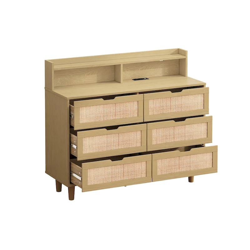 6-Drawer Rattan Storage Cabinet with LED Lights and Power Outlet for Bedroom, Living Room