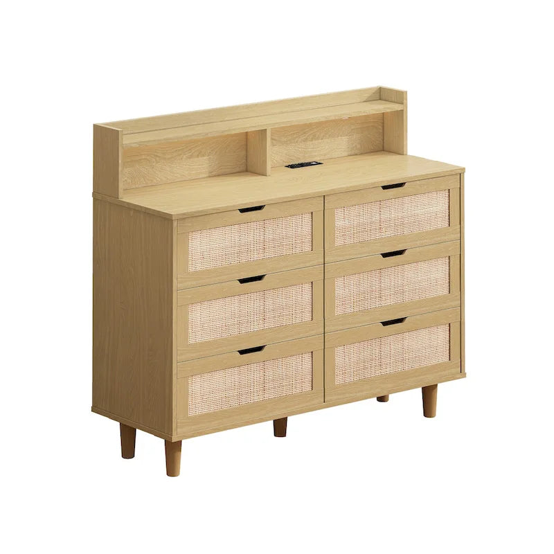 6-Drawer Rattan Storage Cabinet with LED Lights and Power Outlet for Bedroom, Living Room