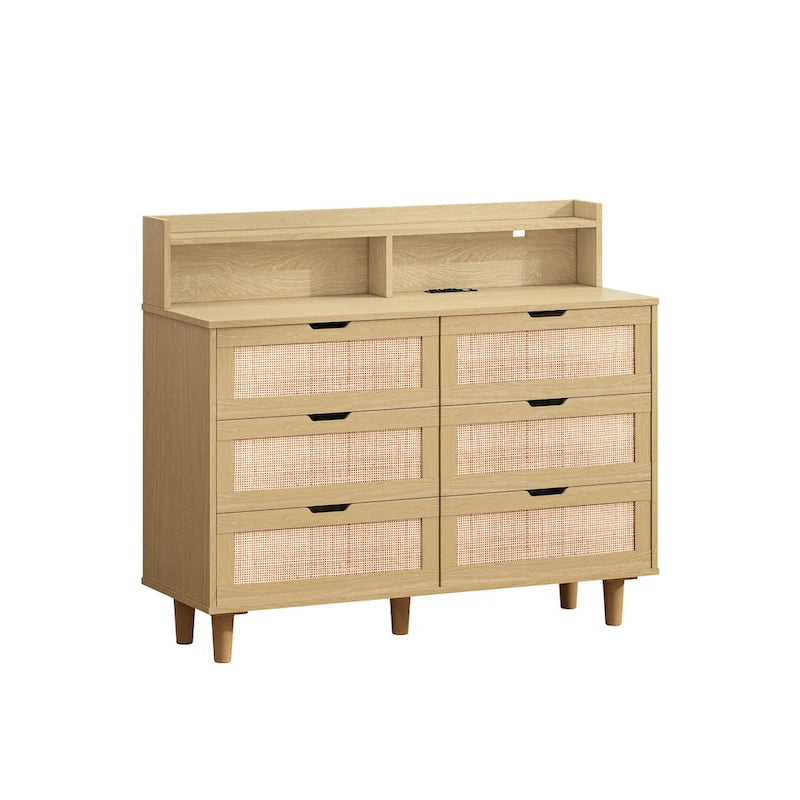 6-Drawer Rattan Storage Cabinet with LED Lights and Power Outlet for Bedroom, Living Room