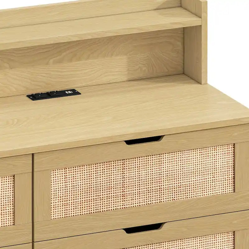 6-Drawer Rattan Storage Cabinet with LED Lights and Power Outlet for Bedroom, Living Room