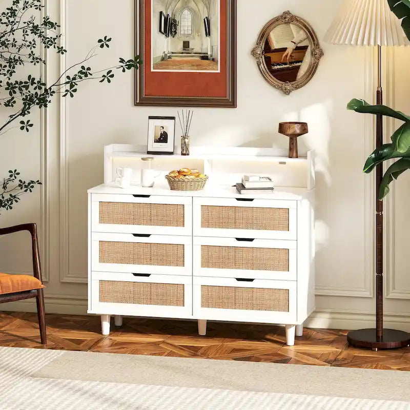 6-Drawer Rattan Storage Cabinet with LED Lights and Power Outlet for Bedroom, Living Room