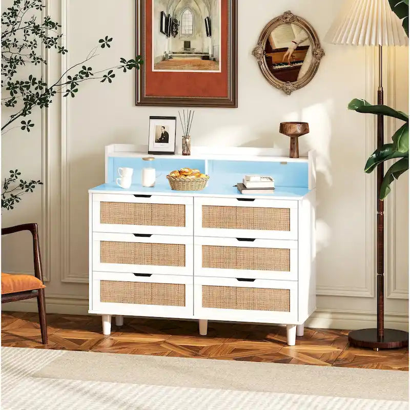 6-Drawer Rattan Storage Cabinet with LED Lights and Power Outlet for Bedroom, Living Room