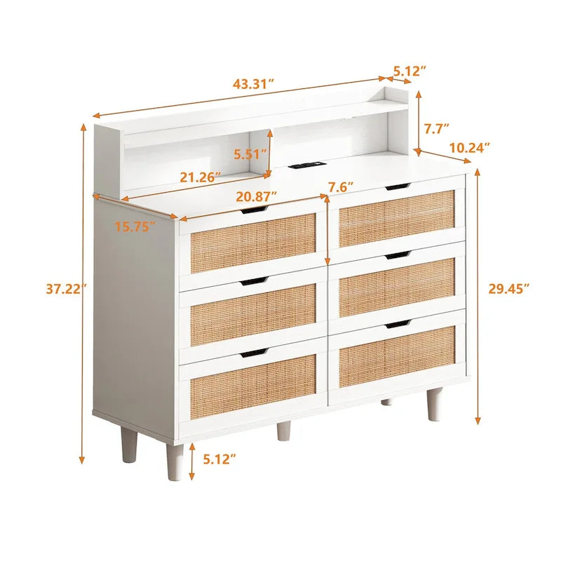6-Drawer Rattan Storage Cabinet with LED Lights and Power Outlet for Bedroom, Living Room