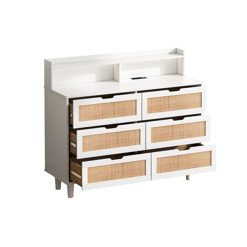 6-Drawer Rattan Storage Cabinet with LED Lights and Power Outlet for Bedroom, Living Room